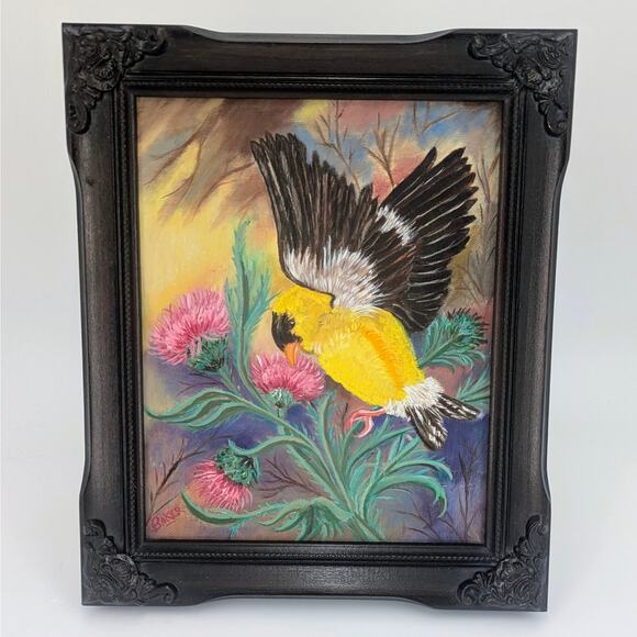 Goldfinch Bird Thistle Painting Framed Original Art 8x10 Canvas Signed Acrylic - Picture 10 of 11